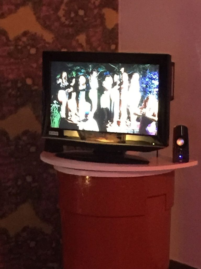 Installation view, Mia Ardito and Máire Witt O’Neill, Sad Girls Club TV, 2017. Video series plays on a monitor which rests on a pedestal in the shape of a giant red Solo cup. Photo by Claudine Isé. Courtesy of Goldfinch.