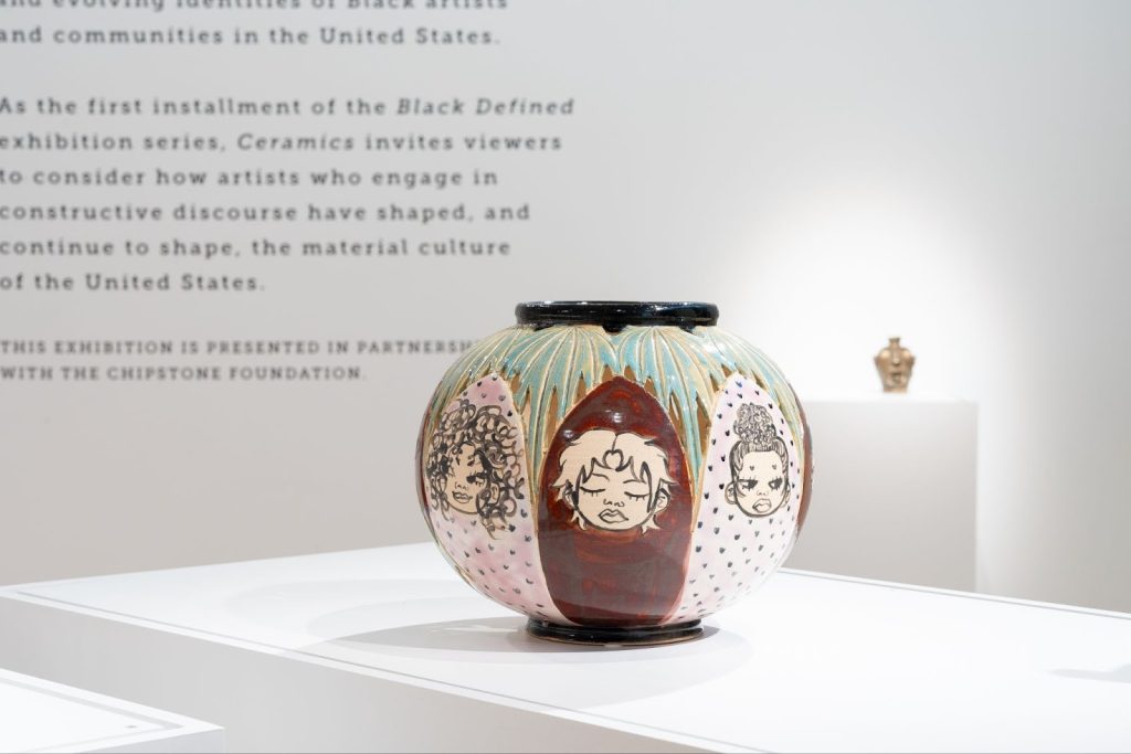 Image: Sydnie Jimenez and Justin Reese, Cathedral Vessel, 2023, glazed terracotta. Three-face wide jug. Photo: Daniel McCullough.