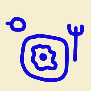 The Glass Breakfast logo. A small square graphic featuring cobalt blue, hand drawn lines on a solid, off-white background. The cobalt lines form what looks like an overhead view of a cup with handle, plate with a fried egg, and a fork.