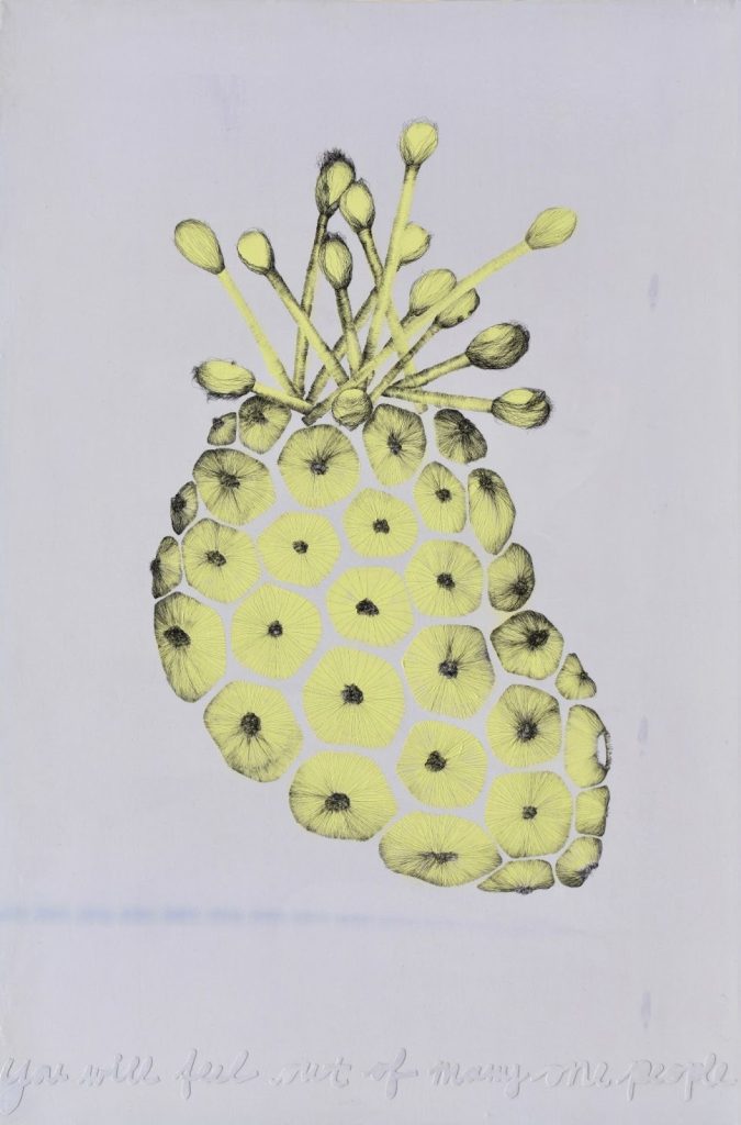 Temitayo Ogunbiyi, You will feel out of many one people, 2019. Varnished Japanese ink and acrylic on found fabric. 137.2 x 91.4 cm. Courtesy The Arts Club of Chicago. Photo by Michael Tropea.