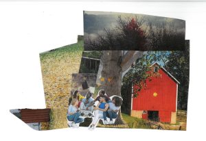 A collage of images featuring fallen yellow leaves on the ground, dense branches against a cloudy sky, and people gathered around a silver boom box sitting near a bright red barn. Image by Bri Robinson