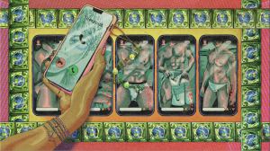 A digital illustration of a woman is holding a cell phone in her manicured hand with an incoming call from her therapist. Behind the phone there are five cell phones with images of nearly naked men posing suggestively. The phones are bordered by neon green condom packages and a multicolored pink and orange background.