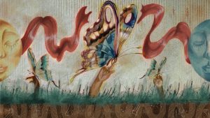 A digital illustration of three butterflies landing on hands reaching up from the earth. Two anthropomorphic celestial figures with a blissful expression are on either side of the image.
