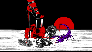 A macabre illustration of a red skull being crushed by a stripper heel. A purple scorpion crouches beside the skull with blood dripping from its pincer and stinger. Black and white plants appear to sprout from the skull. A crimson sun is setting against the black horizon.