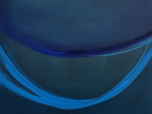 Allena Marie Brazier, Wade in the Water, ink, 2025. A dark blue painting with two lighter looping bands across the canvas. Image courtesy of the artist.