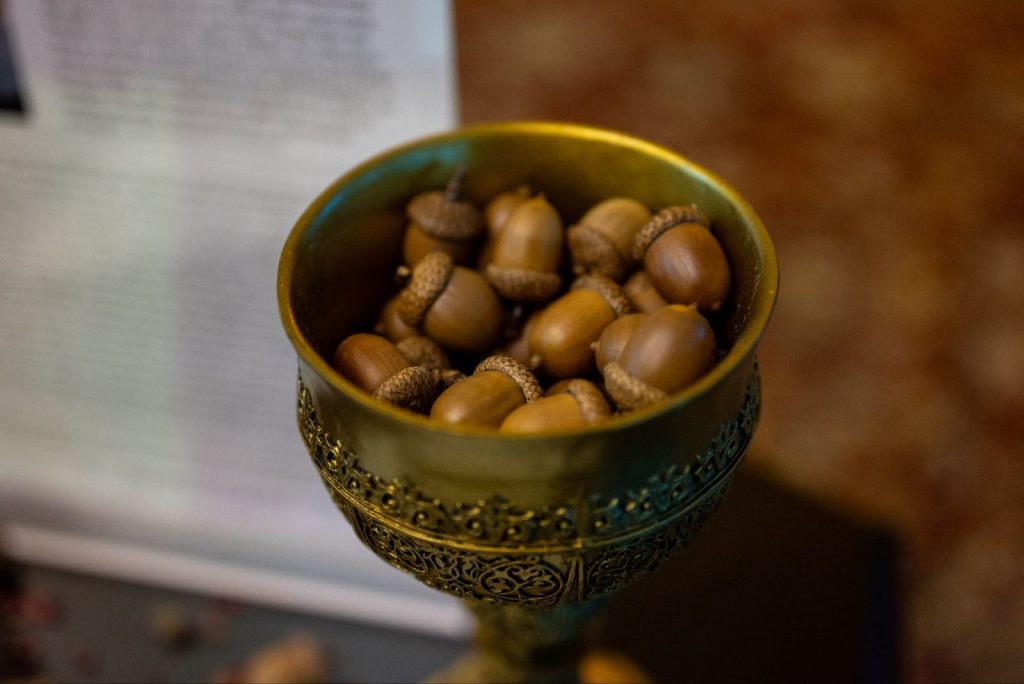 Brown acorns nearly fill a gold-colored goblet placed on a small table. Behind it, text appears blurred and out of focus. This work was featured at the Hilma’s Ghost artist booth, where participants were invited to create petitions and offerings. Photo by Tonal Simmons.