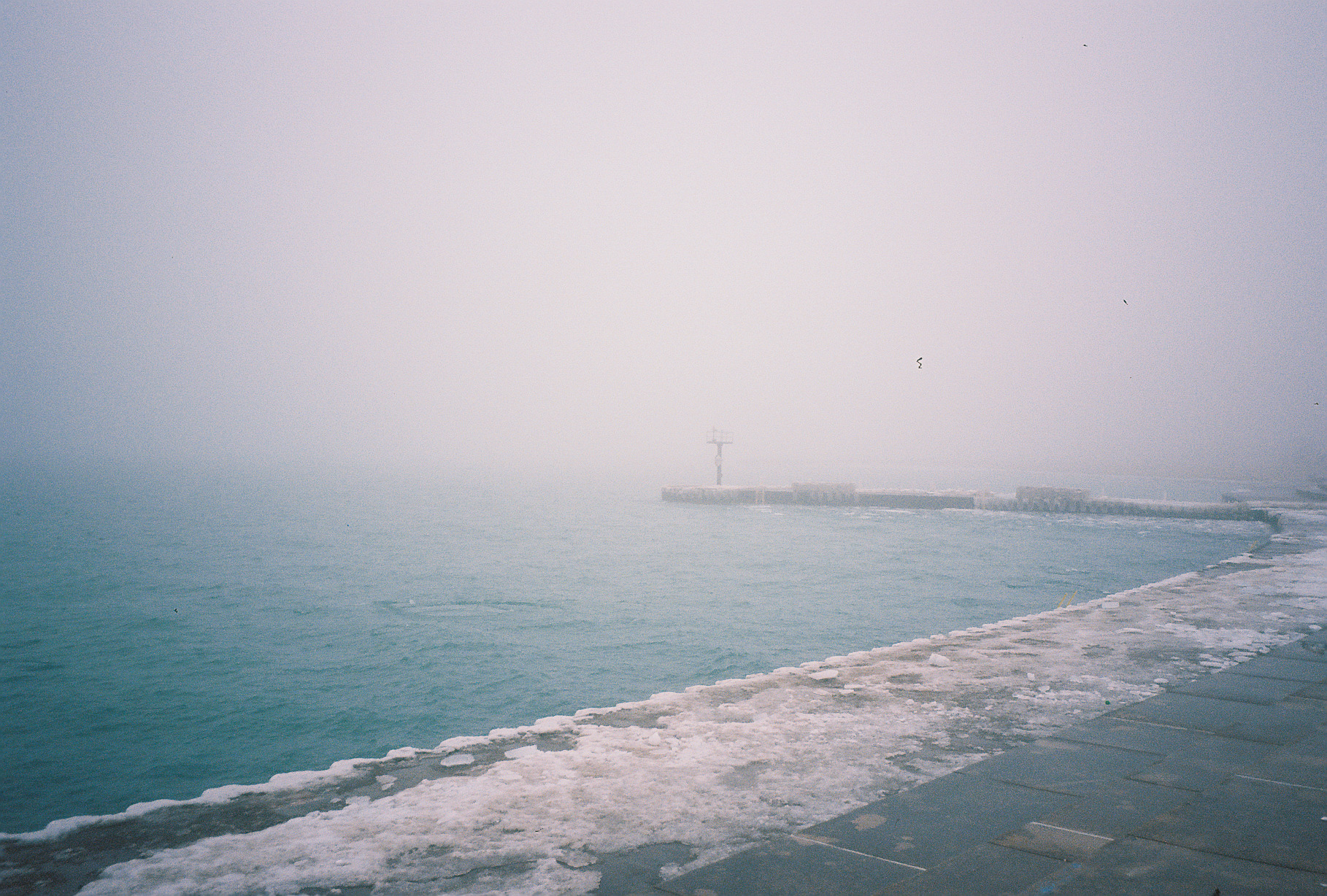 Landscape of a large body of water on a foggy day. The lakeside path, that curves to form a pier in the distance, has not been cleared of slushy ice and snow. Gentle waves glide across the deep blue water and the horizon disappears into thick, grey fog. Photo by Ireashia M. Bennett