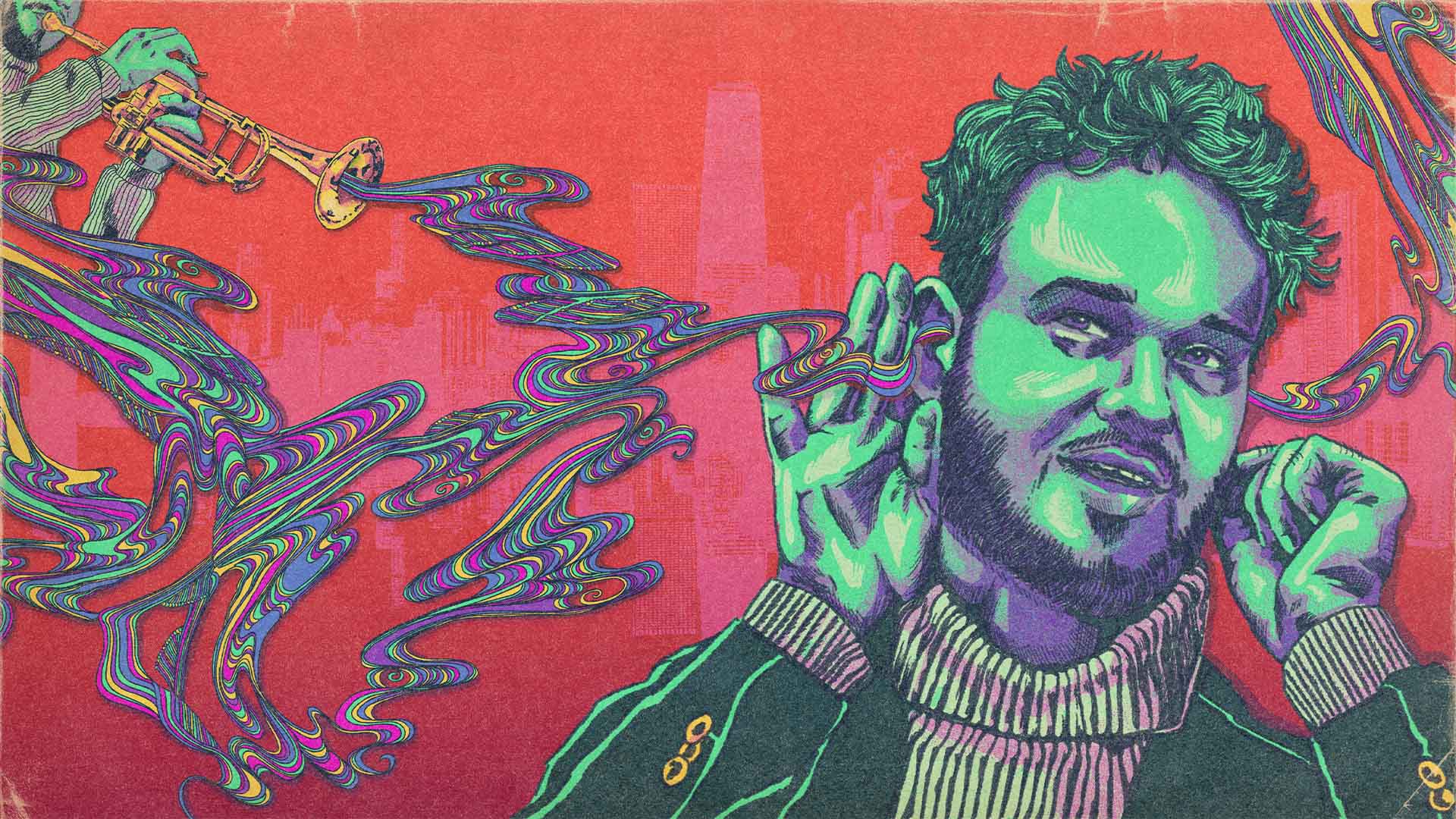 A portrait of Nico Segal listening to a trumpet play against a red backdrop of the Chicago skyline. In the upper left corner a pair of hands holds a note on a golden trumpet. The sound from the trumpet appears from the horn as swirling lines of purples, pinks, yellows, blues, and greens that flow and melt into each other towards Nico's ear. The Chicago skyline is etched into the vibrant red background in the distance. Image by Ann Drew