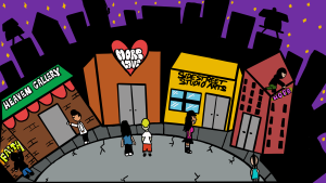 A vibrantly colored digital illustration of community members gathered near four neighborhood shops in front of a large city skyline. From left to right in the image: A figure wearing a black hoodie and blue pants spray paints 'Faith' on the side of a brown brick building. It has a single, grey door and green and red awning with 'Heaven Gallery' written on top. At the door of this building is another figure wearing long sleeve white shirt and black pants. Moving to the right is a second storefront that is orange with two grey double doors and a big red heart at the top. The heart has the words 'More Love' written in white bubble letters. Two figures stand in the grey, cracked street facing it. Next to them is another figure who is smiling, wearing a bright pink top and black miniskirt. The figure stands in profile along the street in front of a yellow store with a bright blue window and grey double doors. 'Side Street Studio Arts' is written in black at the top. A sixth figure crouches on top of a tall, red building with grey double doors and 20 small rectangular windows. The figure spray paints 'Hope' at the top of the building in bright pink neon.The final figure faces the red building. They are wearing a teal tank top, grey pants, and their hair is shaved on both sides of their head leaving a strip of hair in the middle. Behind the colorful storefronts is the black shadow of a city skyline. Through the buildings, golden stars dot a vibrant purple sky.