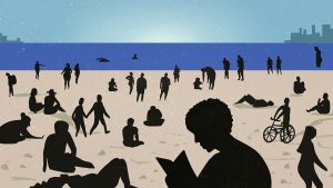 A digital illustration of a beach setting featuring figures with different body types enjoying beach activities. The figures are all solid black silhouettes but contain individuality through details of hats, hairstyles, and mannerisms. One figure holds up a bicycle on the sandy shore, others walk hand in hand towards the water, many sit and gaze at the lake in the distance, and one reads a book. In the distant lake, a few figures swim. On the very edge of the horizon is a city scape. Illustration by Julia O'Brien.