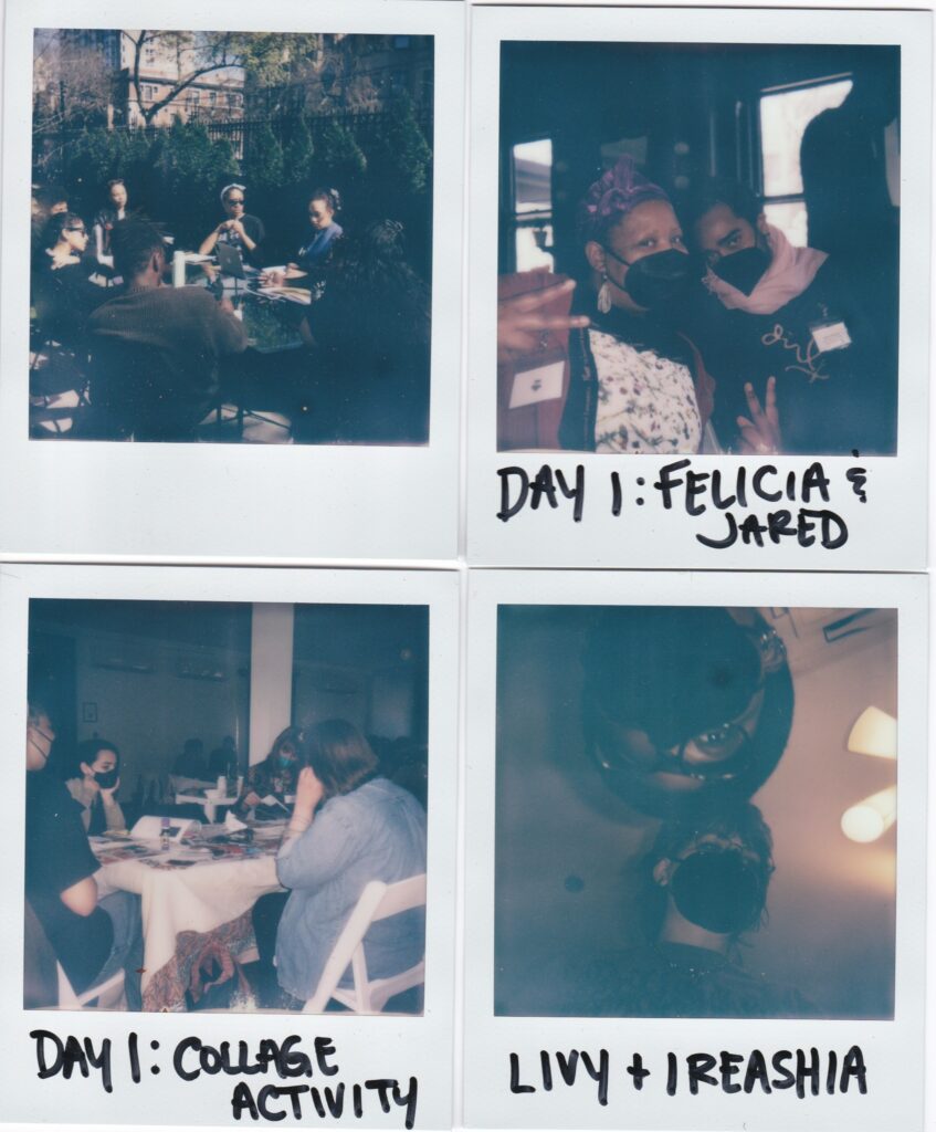 A collection of four polaroid images depicting activities and photos from Sixty's 2024 Midwest Arts Writer Convening hosted at Haymarket House in Chicago, IL. Scans courtesy of Livy Snyder.
