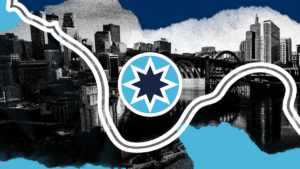 Image: A digital collage in the colors of the Minnesota state flag - two shades of blue, one representing the night sky and the other representing abundant water, with white highlights. A winding line representing the Mississippi River bisects the composition, overlaying monochrome images of Minneapolis and St. Paul's downtown buildings. The images have a photocopied, torn paper look. At the center of the image is the North Star - another element from the state flag - outlined with a circle, representing a sense of unity throughout the Twin Cities.