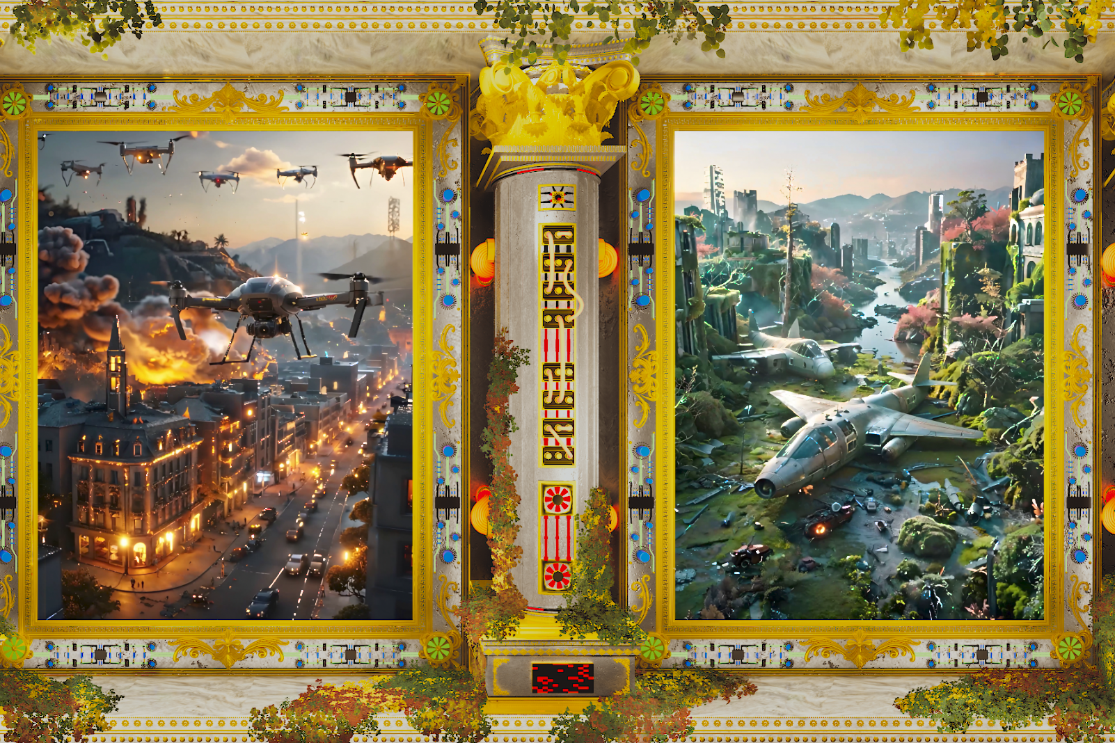 Details of two AI generated digital paintings featured on Saṃsāra between a digital pillar. The painting on the left features drones firing about the strees of a city that resembles Paris, The digital painting on the left feature two planes crashes in a fairtyale like city, which is centered around a river of a green valley; mountains are off in the distance towards the back of the painting. Image courtesy of Jonathan Michael Castillo.