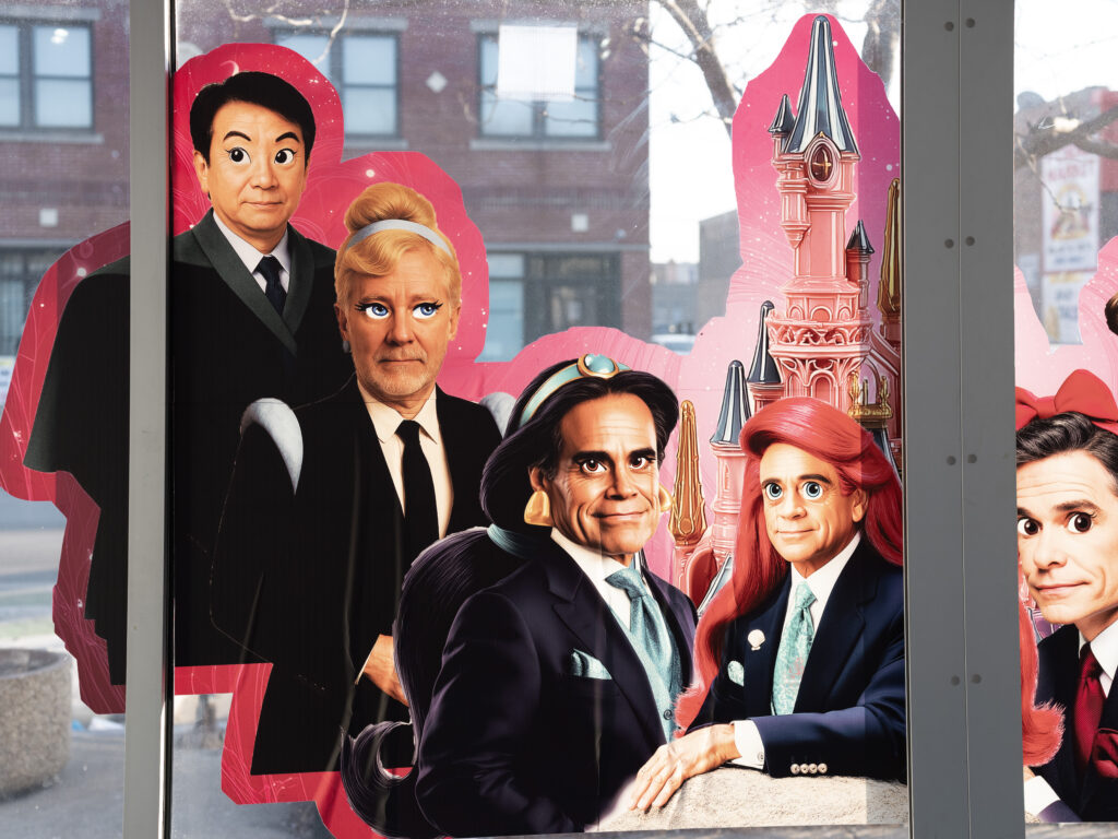 Close-up photo of Magicfeifei's artwork Monopoly, a massive vinyl installation across four floor-to-ceiling windows, depicting eight older men, political figures in black suits, presented with exaggeratedly large eyes and hair like various Disney Princesses. A sparkly pink castle is set behind the figures. Photo courtesy of the artist. 