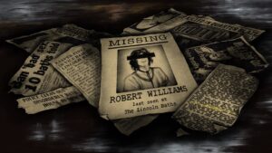 A digital illustration of newspaper pages scattered across asphalt. A missing poster with the name Robert Williams appears on top of several other pages with headlines and articles about police raids at gay bathhouses in the 1960s. Illustration by summer mills.