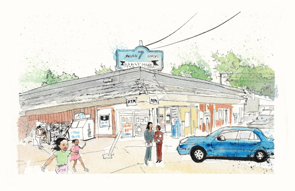A drawing of the entrance to a corner store in Southwest Michigan where people are gathered in the parking lot talking, children are playing. Artwork by Chad Eckersley.