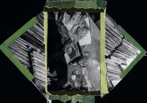 A layered paper collage featuring torn strips of green paper framing three black and white images. Two of the black and white images feature vinyl records stacked on shelves while the third image, which sits on top of the first two, shows a wooden counter or table-type surface with glasses and vinyl record covers scattered on top. Image by Bri Robinson (@niq.uor).