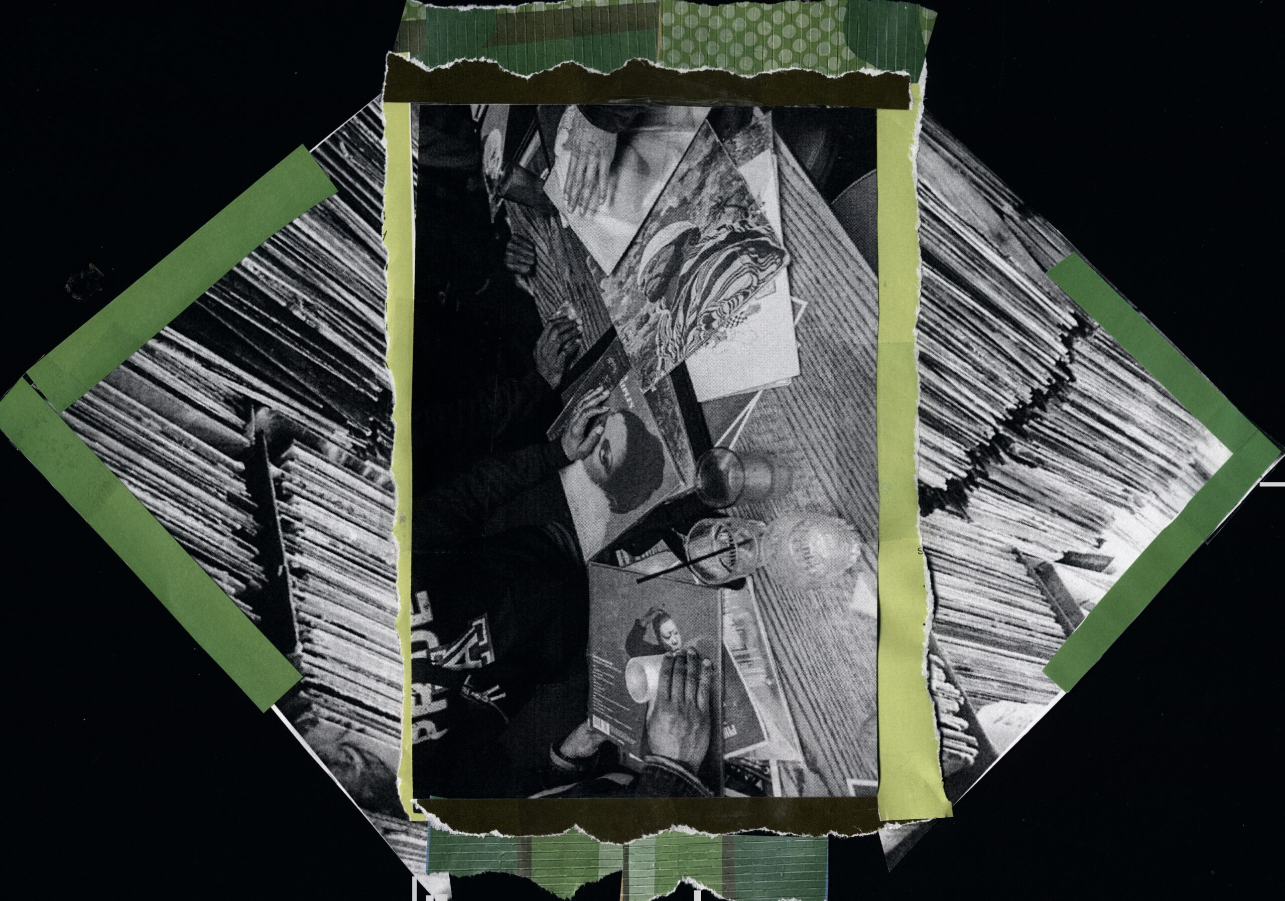 A layered paper collage featuring torn strips of green paper framing three black and white images. Two of the black and white images feature vinyl records stacked on shelves while the third image, which sits on top of the first two, shows a wooden counter or table-type surface with glasses and vinyl record covers scattered on top. Image by Bri Robinson (@niq.uor).