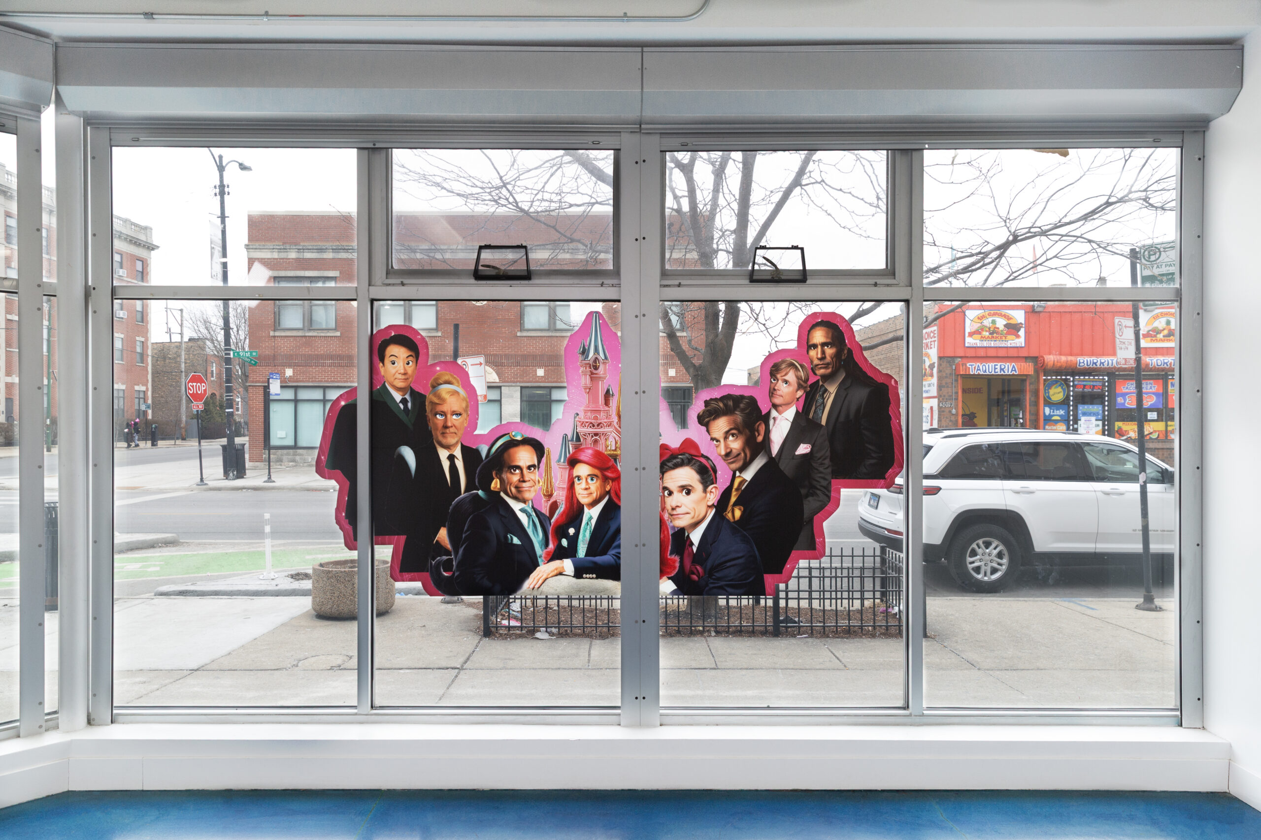 Indoor view of Magicfeifei's artwork, Monopoly, a massive vinyl installation across four floor-to-ceiling windows. It depicts eight older men, political figures presented like the Disney Princesses. Photo courtesy of the artist.