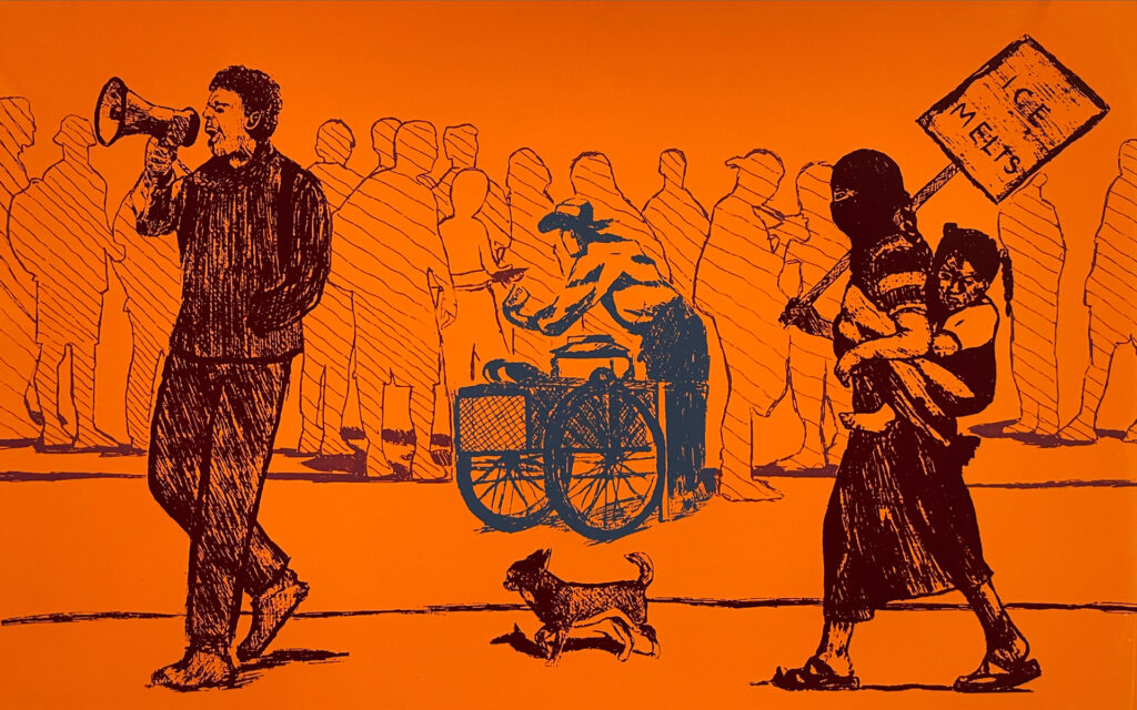 Image: Against a vibrant orange backdrop are drawn images of a crowd of people with a street vendor standing near them holding a flyer with the word "Rights" written on it. Standing slightly closer to the front of the frame is a small dog and two protestors–one holding a megaphone and another holding a sign that says "Ice Melts." Illustration by Sheila Nayeli Clemente-Zoto.