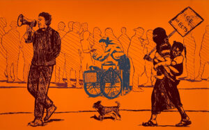 Image: Against a vibrant orange backdrop are drawn images of a crowd of people with a street vendor standing near them holding a flyer with the word "Rights" written on it. Standing slightly closer to the front of the frame is a small dog and two protestors–one holding a megaphone and another holding a sign that says "Ice Melts." Illustration by Sheila Nayeli Clemente-Zoto.