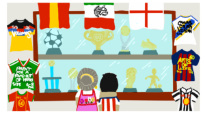 A digital illustration featuring two people facing a large glass case filled with eight different soccer trophies. The person on the left wears a pink apron with an embroidered red border and flowers, their grey hair is fastened into a low bun with a yellow hair tie. Their right arm is resting on the second person's shoulders. The second person has short brown hair and wears a red and white striped shirt. At the top of the image are three flags hanging in front of the case; one is red with a yellow stripe going down the middle; one is striped green, white, and red with a black outline of a bird in the middle; the third is white with one thin red line running vertically and one red line running horizontally. On the left and right sides of the trophy case are soccer jerseys with a few of the art pick selections written on them. The jerseys represent different countries playing in the upcoming 2026 World Cup. Illustration by Buflo