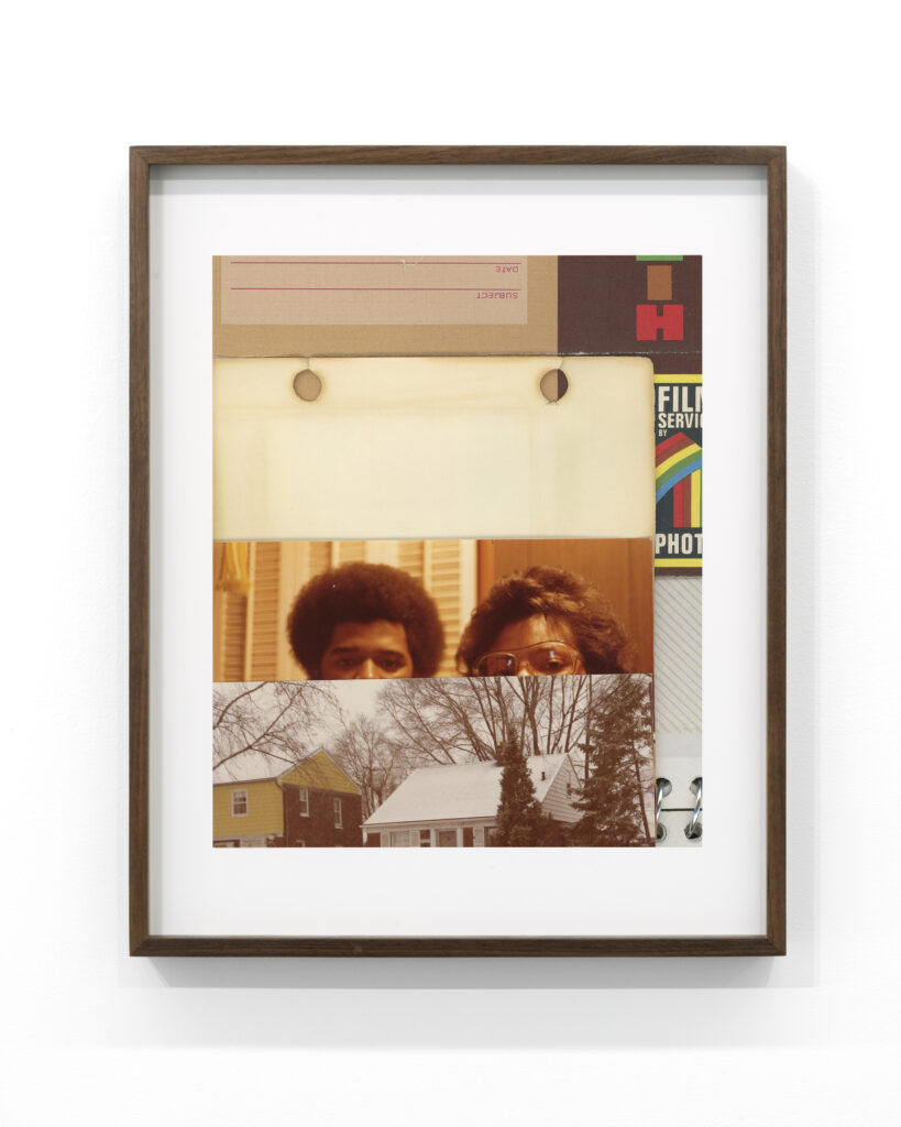 Jen Everett, Untitled, 2024. Archival pigment print. 20 x 16", 20.75 x 16.75", framed. The image shows a collage-like composition of what appears to be vintage photographs. The composition mainly includes warms shades of beiges, oranges, and tans, and the center image shows two people looking directly at the viewer. Courtesy of the artist and Rivalry Projects, Buffalo, NY.