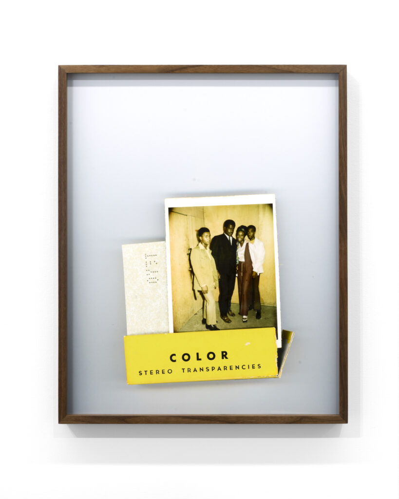Jen Everett, Untitled, 2024. Archival pigment print. 20 x 16", 20.75 x 16.75", framed. A collage-like composition showing a vintage photograph and other ephemera. The text under the vintage photographs says: "COLOR STEREO TRANSPARENCIES." Courtesy of the artist and Rivalry Projects, Buffalo, NY.