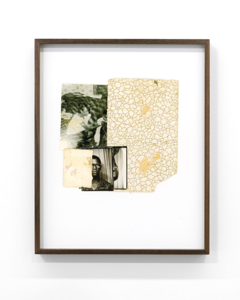 Jen Everett, Untitled, 2024. Archival pigment print. 20 x 16", 20.75 x 16.75", framed. The image shows a collage-like composition with vintage photographs and other paper ephemera. Courtesy of the artist and Rivalry Projects, Buffalo, NY.
