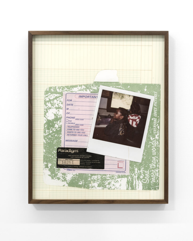Jen Everett, Untitled, 2024. Archival pigment print. 20 x 16", 20.75 x 16.75", framed. The image shows a collage-like composition with a Polaroid in the foreground. Other ephemera (such as a receipt) are layered into the background. Courtesy of the artist and Rivalry Projects, Buffalo, NY.