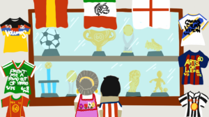 A digital illustration featuring two people facing a large glass case filled with eight different soccer trophies. The person on the left wears a pink apron with an embroidered red border and flowers, their grey hair is fastened into a low bun with a yellow hair tie. Their right arm is resting on the second person's shoulders. The second person has short brown hair and wears a red and white striped shirt. At the top of the image are three flags hanging in front of the case; one is red with a yellow stripe going down the middle; one is striped green, white, and red with a black outline of a bird in the middle; the third is white with one thin red line running vertically and one red line running horizontally. On the left and right sides of the trophy case are soccer jerseys with a few of the art pick selections written on them. The jerseys represent different countries playing in the upcoming 2026 World Cup. Illustration by Buflo