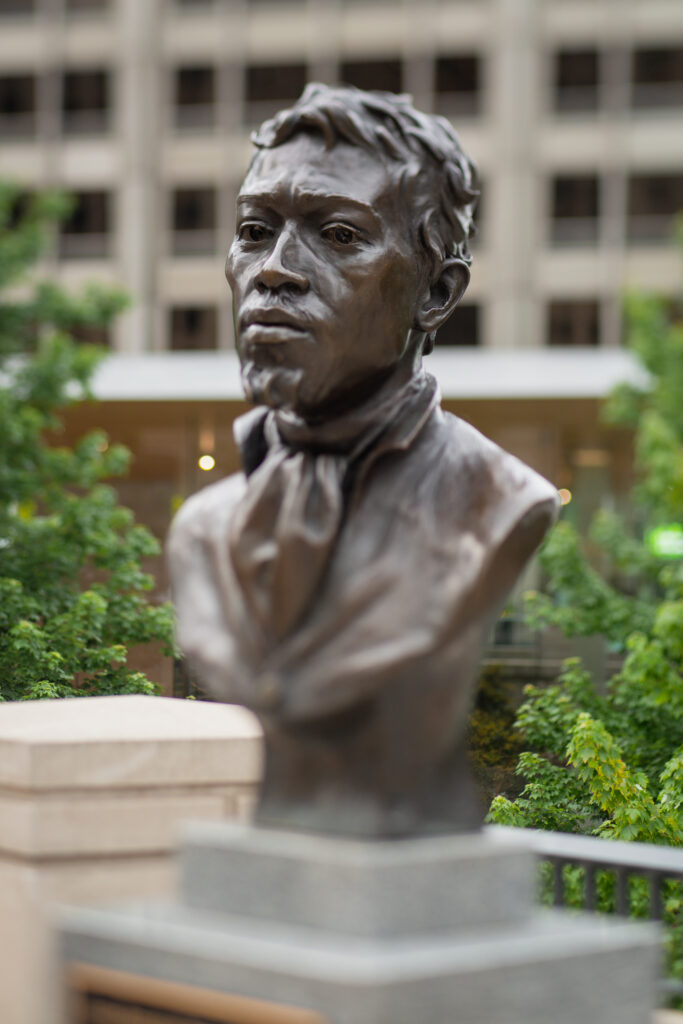 Image: Close-up photo of the bronze bust of DuSable by Erik Blome. Photo by Kristie Kahns Photography.