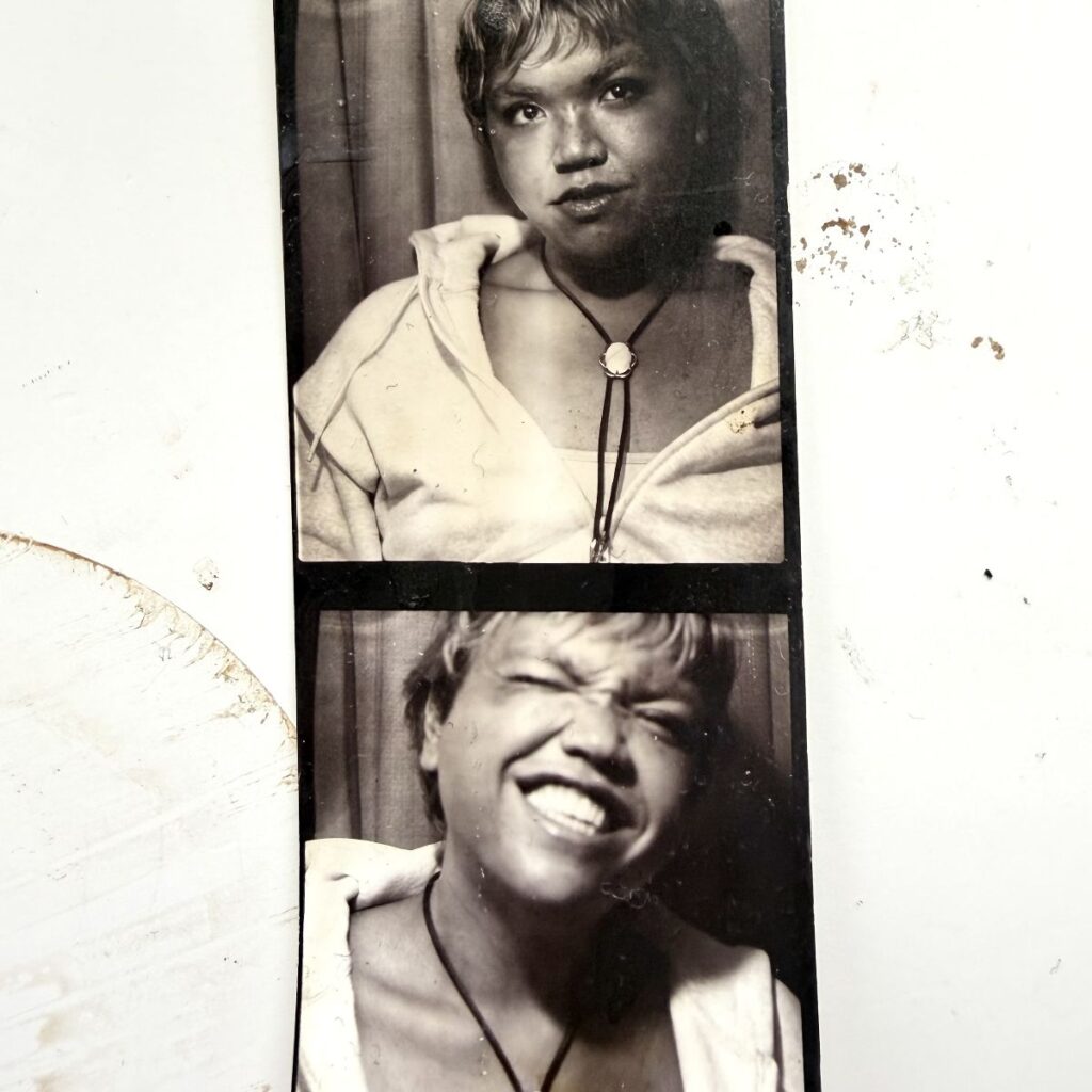 Image: Black and white photo booth portrait of Vera Blossom. 