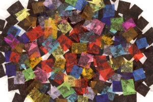 An abstract illustration of many different colored overlapping squares cut from tissue paper. Illustration by Ryan Edmund Thiel.