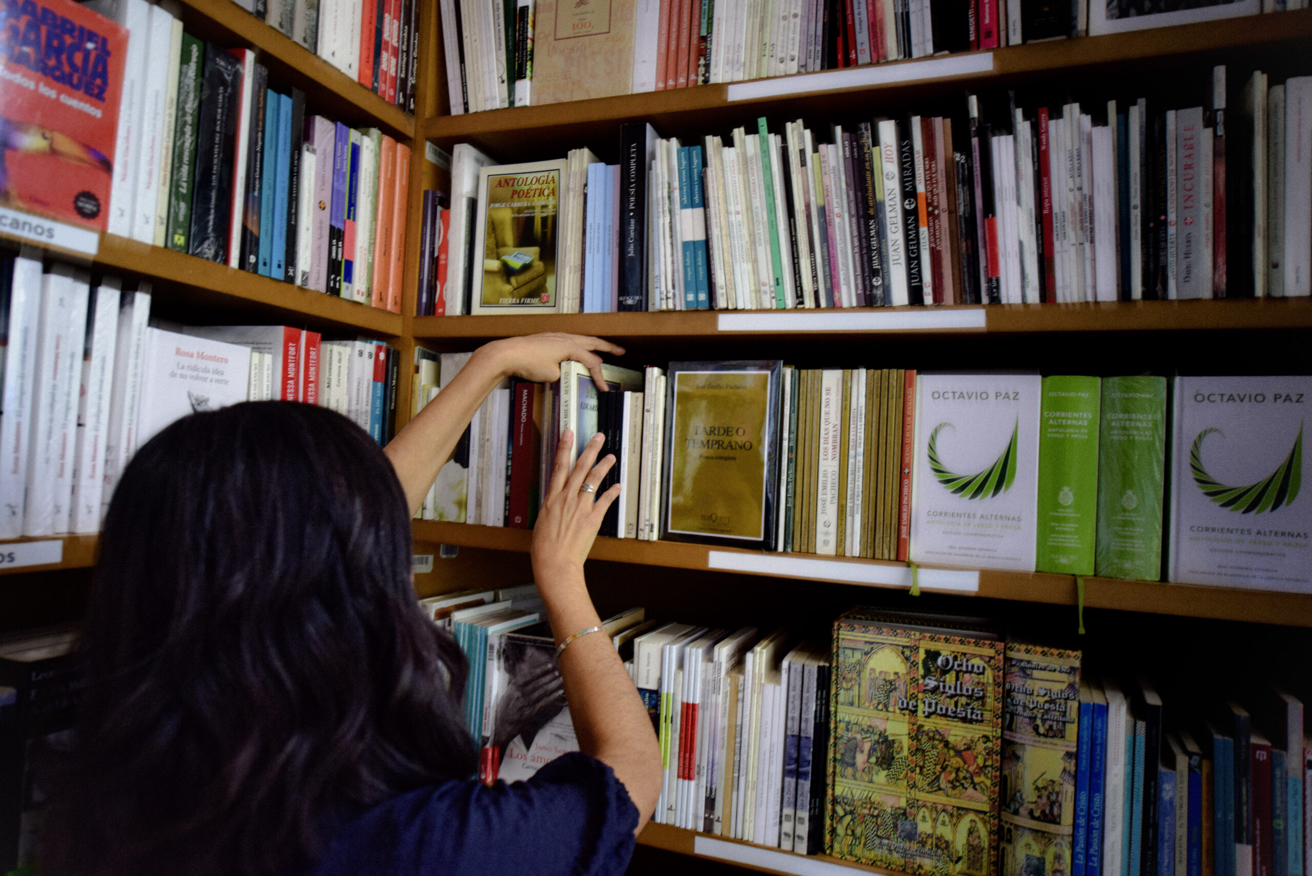 A close-up of Mariana Mejía handling books on a library shelf. Image by Hiram Trejo.