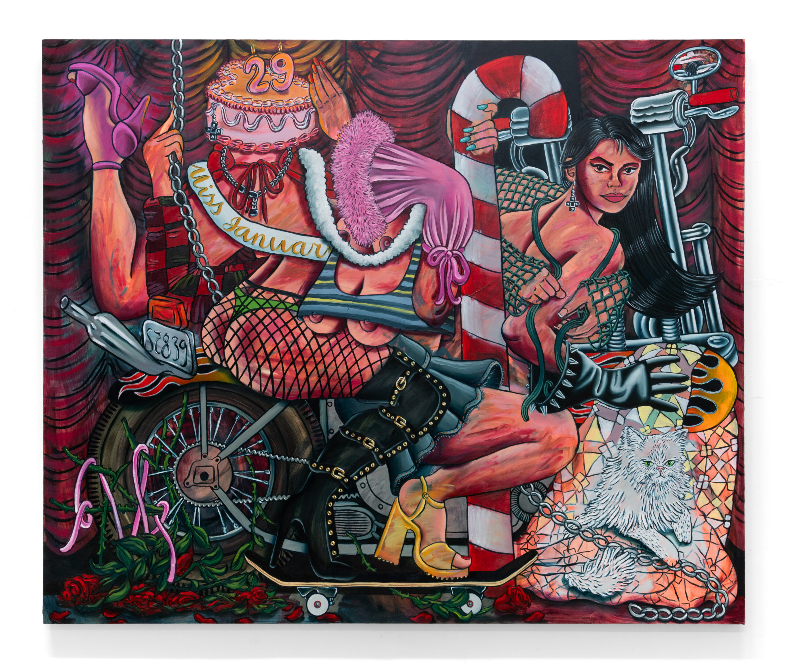 Image: Lindsey Kirchner, Lady Rider From Hell. Oil on canvas, 60 x 72". A painting of a woman with black hair riding a motorcycle. She wears black boots and fishnets. Fragmented figurative elements and other objects can be found across the composition. Image courtesy of Oliva Gallery.