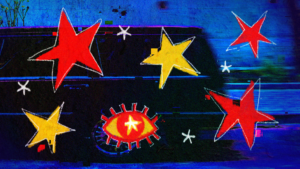 Image: A digital illustration that depicts a black car with tinted windows in motion against an electric blue textured background. Red, white, and yellow hand-drawn stars and a yellow and red hand-drawn eye are on top of the car. Illustration by Lu Harper.