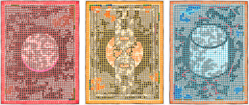 An artwork series by Jen Wholner titled Me as hot, warm and cold storage tiers, 2025-2026. Pen, ink, watercolor pencil and colored pencil on paper. 50 x 38 in (127 x 96.52 cm) each. The three abstract pieces are red, orange, and blue with different forms in the center and a grid texture. Courtesy of the artist.