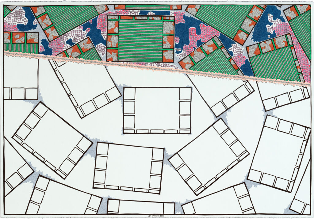 An abstract artwork by Jen Wholner titled Feeling confident, but struggling all the same, 2025. Pen, ink and colored pencil on paper. 30.5 x 44 in (77.47 x 111.76 cm). Different rectangles repeat. The top part of the piece has color the lower half is in black and white. Courtesy of the artist.