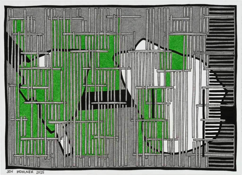 An abstract green, gray, black, and white grid artwork by Jen Wholner titled Reflecting on my limits (in the suburbs), 2025. Pen, ink and colored pencil on paper. 10.25 x 14.25 in (26.04 x 36.2 cm). Courtesy of the artist.