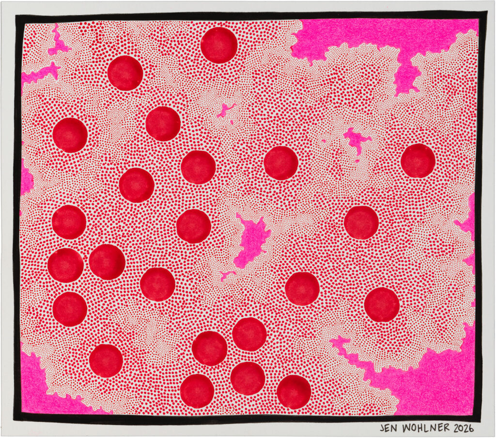 An abstract red dot artwork by Jen Wholner titled BINGO! 1, 2026, Pen, ink, colored pencil and Dab King bingo ink on paper, 9 x 10.25 in (22.86 x 26.04 cm). Courtesy of the artist.