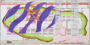 An abstract artwork by Jen Wohlner titled Jill and my anticipation of what Mary Grace might achieve, 2026. Pen, ink, watercolor pencil and colored pencil on paper 45 x 90.5 in (114.3 x 229.87 cm). Courtesy of the artist.
