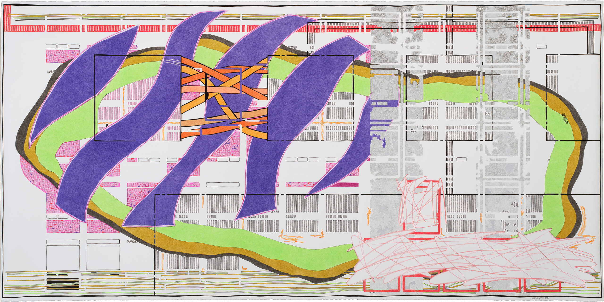 An abstract artwork by Jen Wohlner titled Jill and my anticipation of what Mary Grace might achieve, 2026. Pen, ink, watercolor pencil and colored pencil on paper 45 x 90.5 in (114.3 x 229.87 cm). Courtesy of the artist.