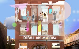 Image: A collaged image of the Depaul Art Museum overlayed with various shapes, colors, artwork, and museum goers. Image made by Andrea Coleman.