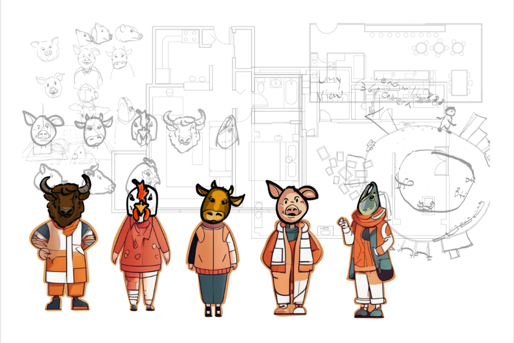 Image: Development of characters, backgrounds, and layout design for “Art of Survival,” 2025. Illustrated drawings of animals overlap building blueprints and other illustrations that make up the visuals of the video game. Courtesy of Nayeon Yang.