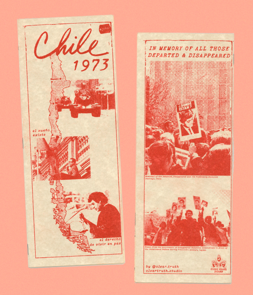 Scanned image of Chile 1973 zine by Johnny Willems. Red ink risograph on cream colored paper. Image courtesy of the artist.