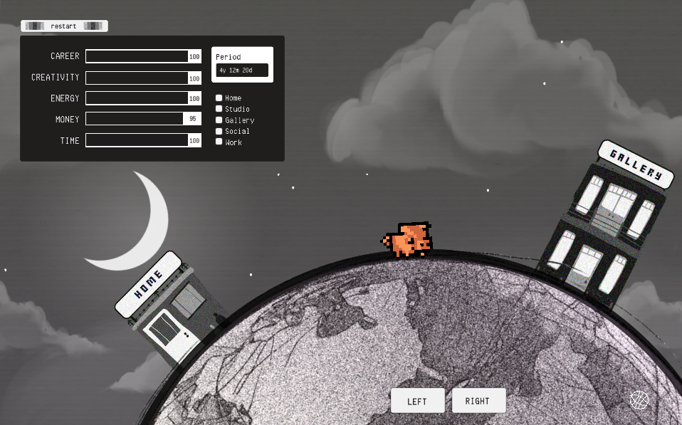 Image: Home Page Screenshot of “Art of Survival,” 2025, online video game. The image shows a cow walking on a round planet with a building that says home on the left and a building that says gallery on the right. On the upper left is a restart button and status bars for Career, Creativity, Energy, Money, and Time. Courtesy of Nayeon Yang.
