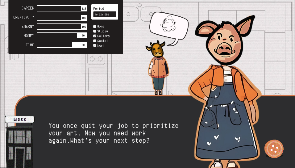 Image: Work screenshots of “Art of Survival,” 2025, online video game. A pig wearing a dress and cropped orange jacket looks straight at the viewer with the prompt: "You once quit your job to prioritize your art. Now you need to work again. What's your next move?" In the upper left corner the status bars of Career, Creativity, Energy, Money, and Time are displayed. Courtesy of Nayeon Yang.
