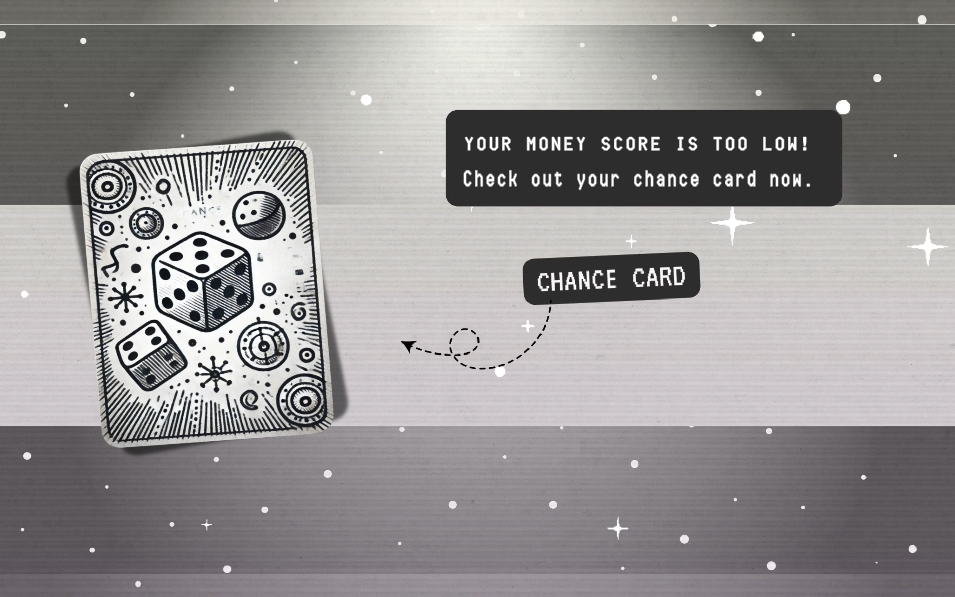 Image: Chance Card screenshot of “Art of Survival,” 2025, online video game. The image shows a card with dice with the prompt "Your money score is too low! Check out your chance card now." Courtesy of Nayeon Yang.