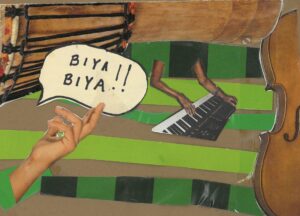 A mixed media collage. In the center, on top of a pattern of green and black cut pieces is a cut-out of hands playing an electronic keyboard. In the foreground is a hand that signals "come here" and just above it are the words "BIYA BIYA" which are written in black inside of a speech bubble. The cut-out of a cello frames the right side of the image and a hand drum frames the top. Image by Bri Robinson @niq.uor.